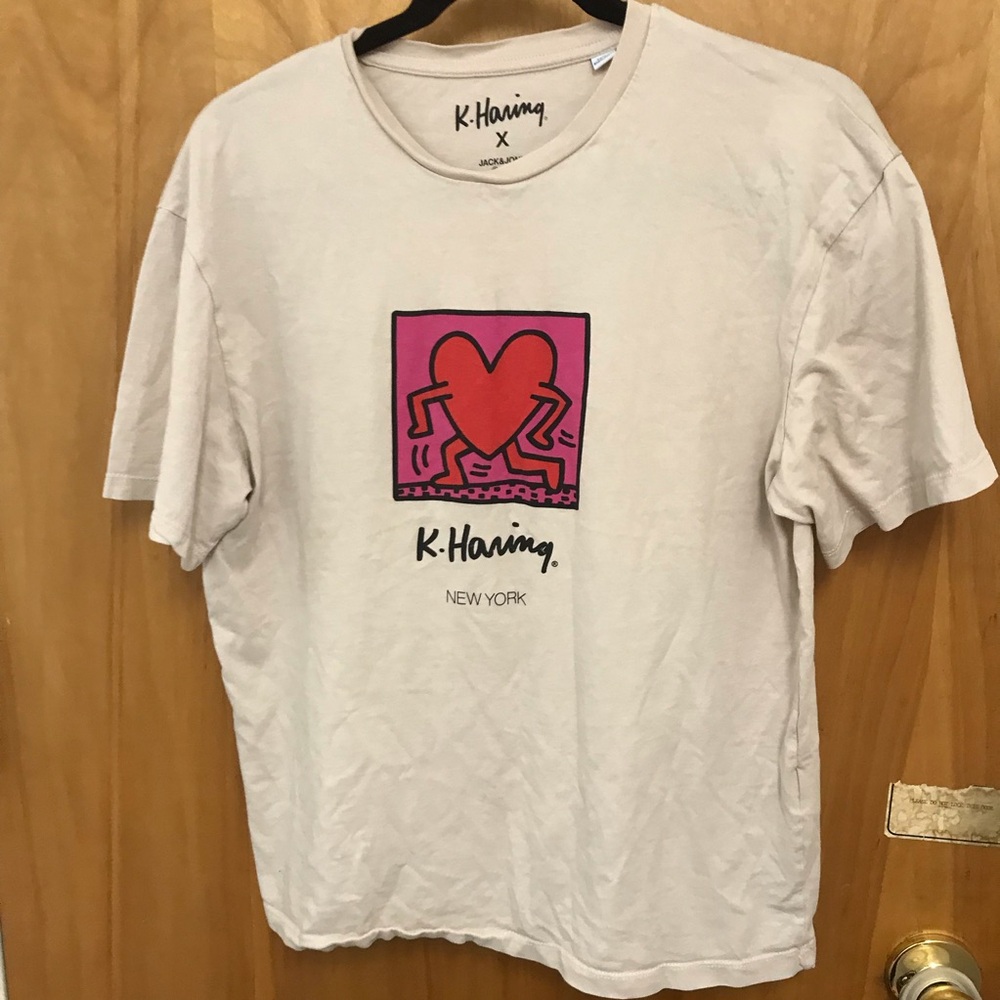 Vintage Jack & Jones x Keith Haring New York Cream Walking Heart T-shirt 1990